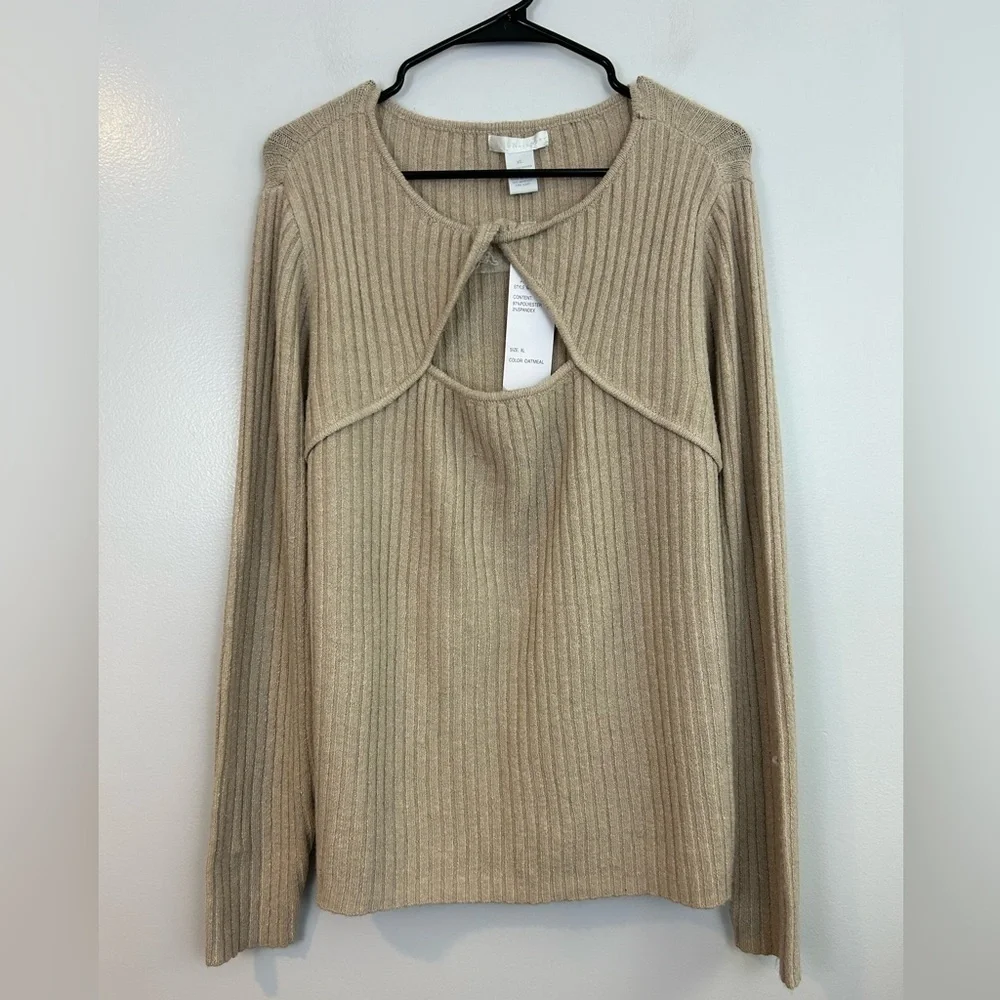 NWT Design History Oatmeal Brown Twist Cut Out Pullover Ribbed Sweater Size XL